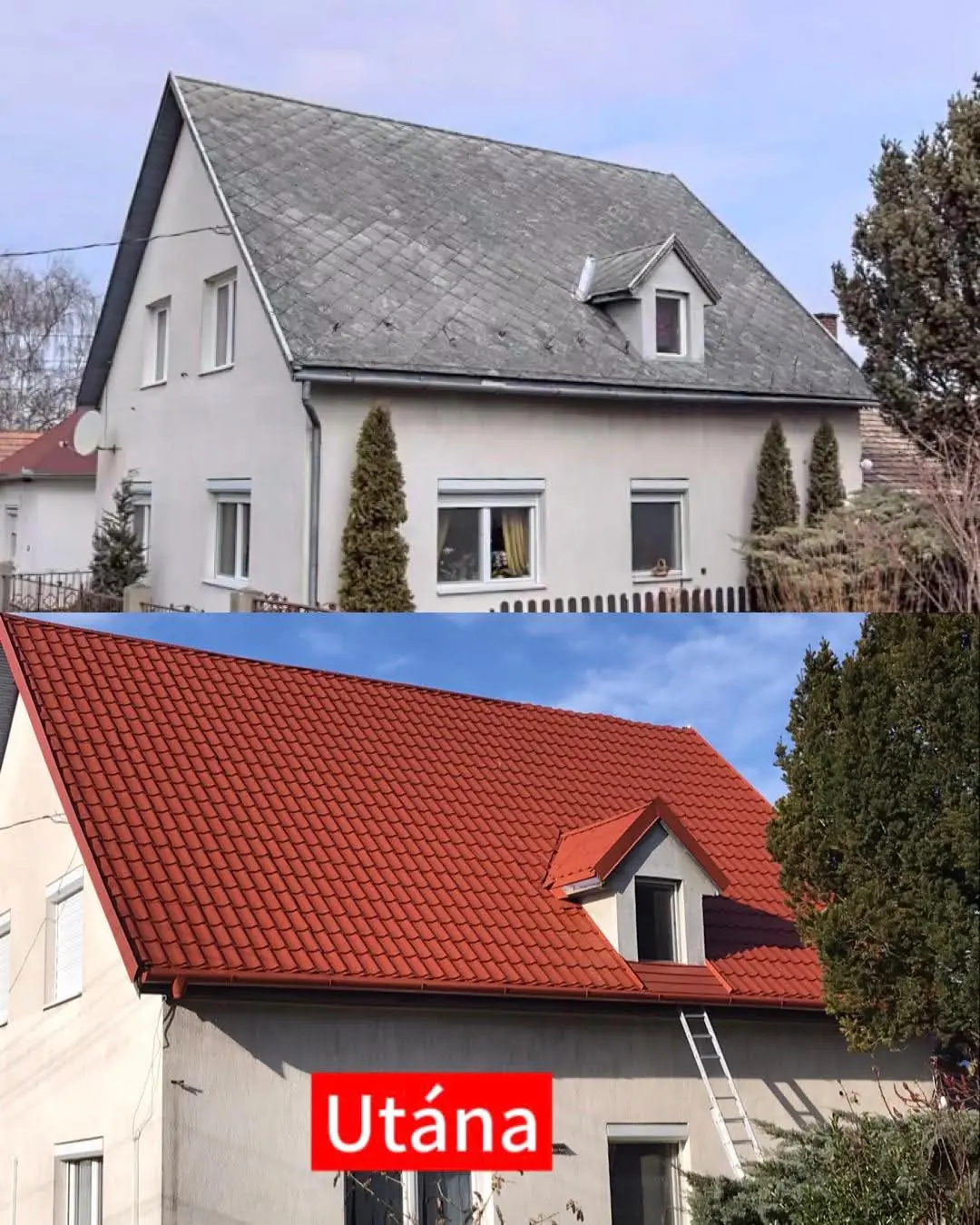 Tetőfelújítás előtti és utáni állapot vörös cserépfedéssel